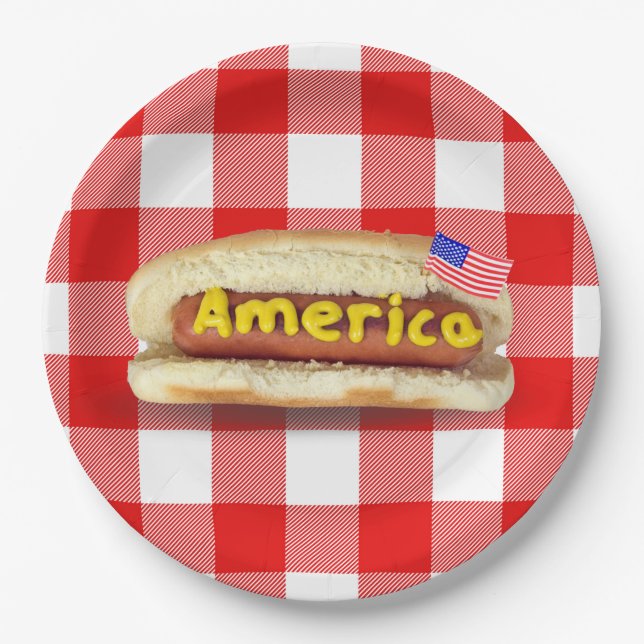 American Hot Dog auf Buffalo Kariert Paper Plate Pappteller (Vorderseite)