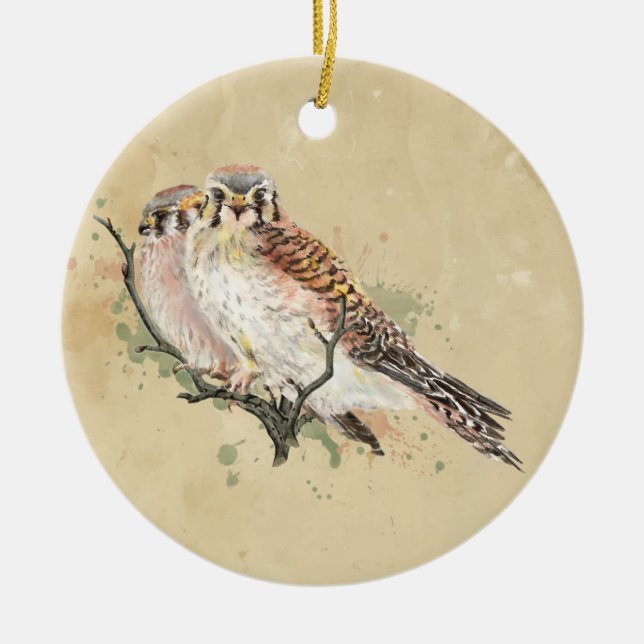 American Kestrel Watercolor, Falcon Bird Couple Keramik Ornament (Vorne)
