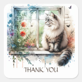 American Longhair Cat in Window Summer Blume Quadratischer Aufkleber