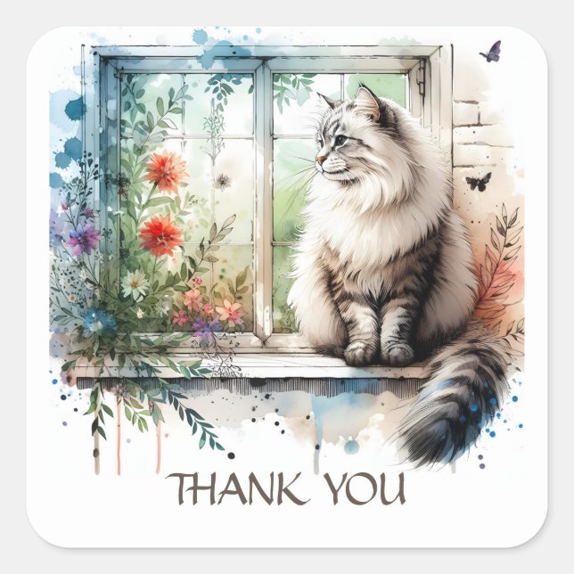 American Longhair Cat in Window Summer Blume Quadratischer Aufkleber (Vorderseite)