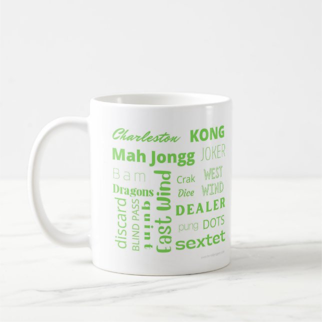 American Mah Jongg Cup mit grünen Worten Kaffeetasse (Links)
