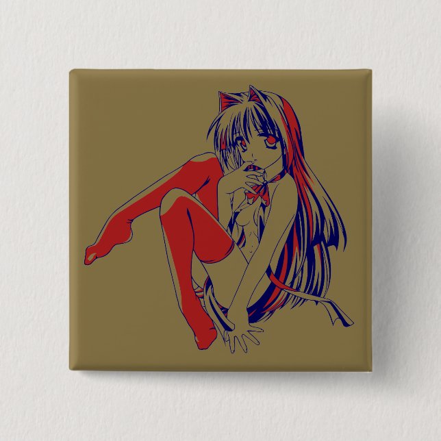 American Manga Neko Catgirl Kawaii Anime Button (Vorderseite)
