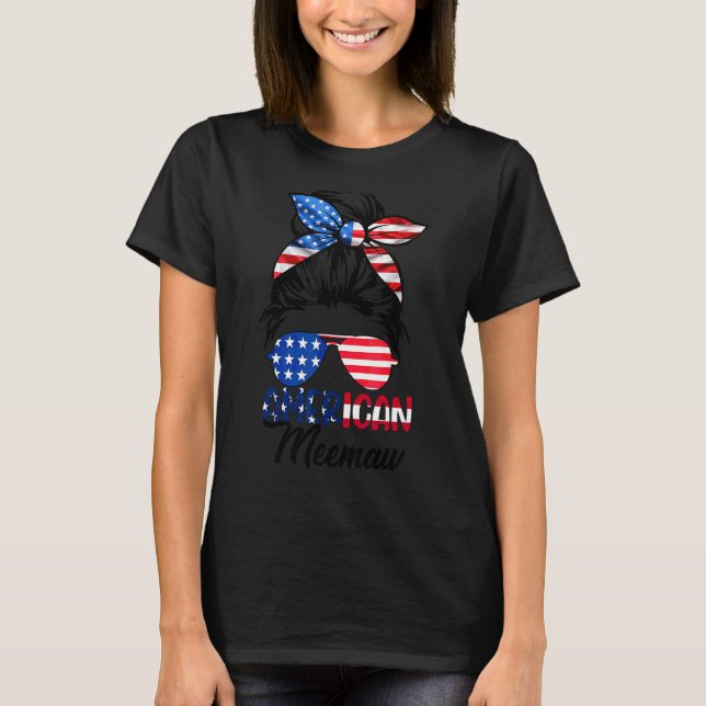 American Meemaw Messy Bun Matching 4. Juli Mee T-Shirt (Vorderseite)