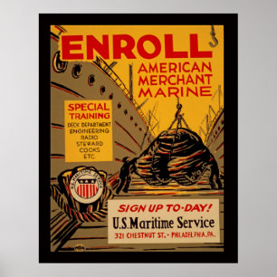 American Merchant Marine Enroll heute Vintag WPA Poster