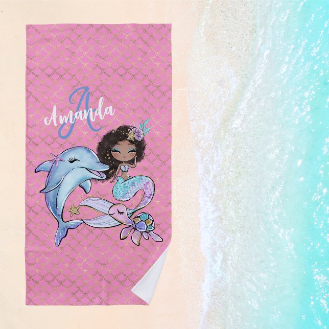 American Mermaid Individuelle Name Girl Strandtuch (African American Mermaid Custom Name Girl Beach Towel
)
