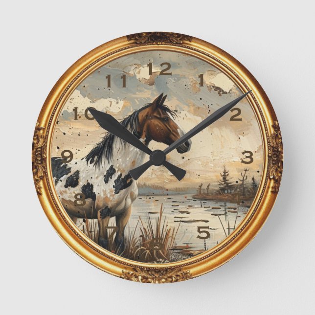 American Mustang Wild Horse Western Wall Clock Runde Wanduhr (Vorderseite)
