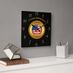 American nation flag with a gold frame quadratische wanduhr