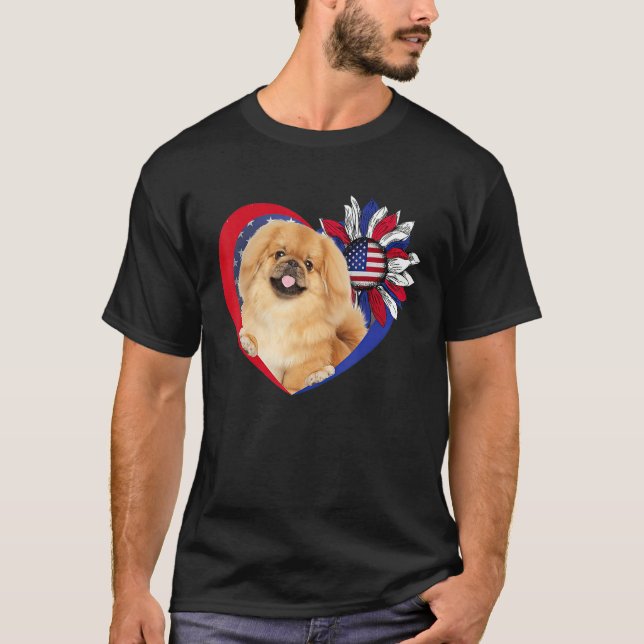 American Pekingese Dog Heart 4th Of July USA Flag  T-Shirt (Vorderseite)