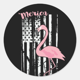 American Pink Flamingo USA White Flag Runder Aufkleber
