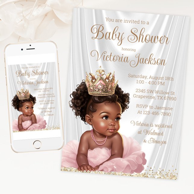 American Princess Baby Dusche Pink Gold Einladung (Blush pink gold princess baby shower invitation. Available for instant download and print.)
