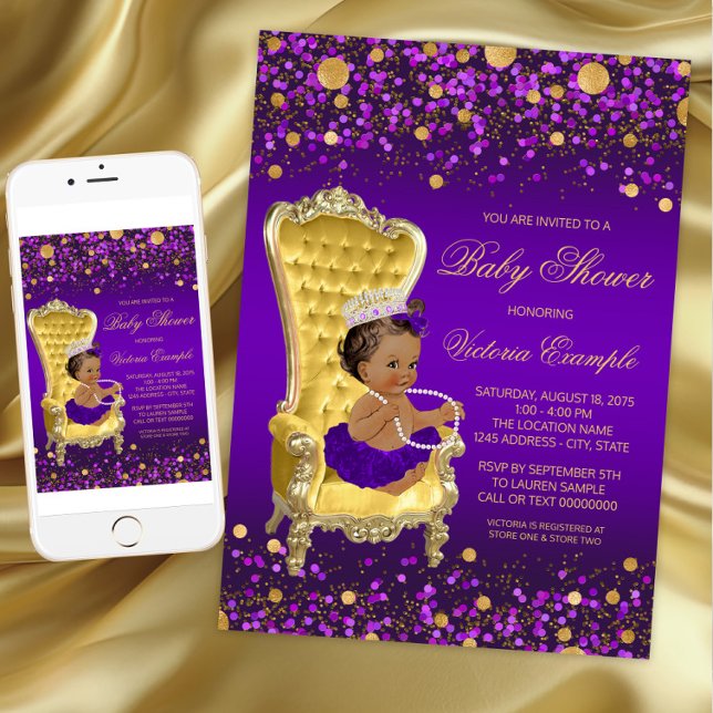 American Princess Lila Gold Baby Dusche Einladung (Purple Gold Princess Baby Shower Invitation. Instant download and printed invitations available.)