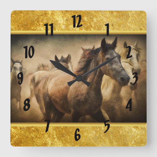 American Quarter Horse mit Goldfolie Quadratische Wanduhr (Vorderseite)