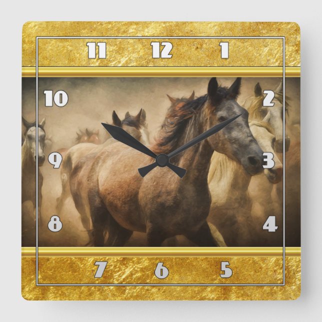 American Quarter Horse mit Goldfolie Quadratische Wanduhr (Vorderseite)