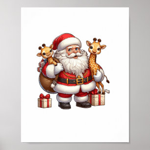 American Santa Claus Holding Giraffe Präsent Xmas Poster