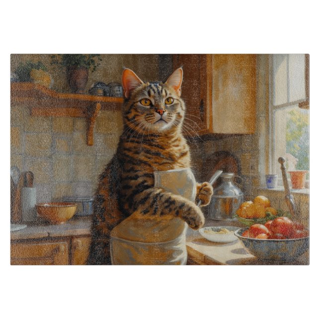 American Shorthair Cat Cooking in Kitchen Schneidebrett (Vorderseite)