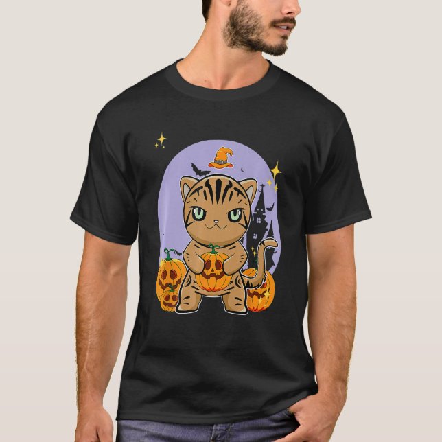 American Shorthair Cat With Pumpkin Halloween T-Shirt (Vorderseite)