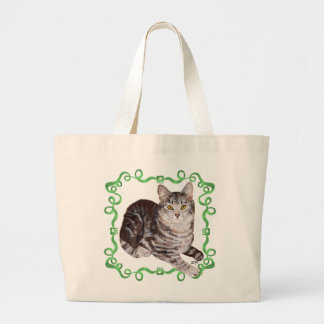 American Shorthath Tabby Cat Green Ribbon Jumbo Stoffbeutel