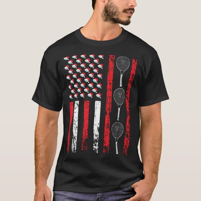 American Sports Flag Christmas Tennis Racket Athle T-Shirt (Vorderseite)