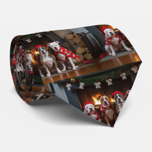 American Staffordshire am Kamin Weihnachten Krawatte