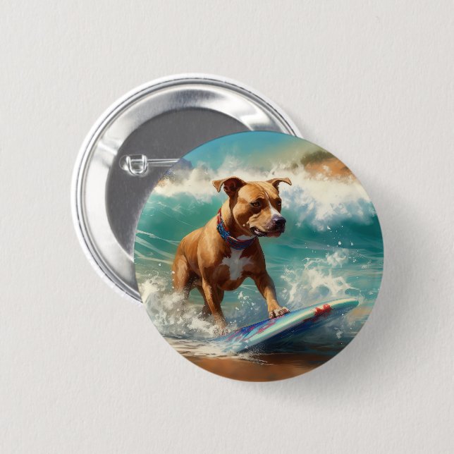 American Staffordshire Beach Surfing Malerei Button (Vorne & Hinten)