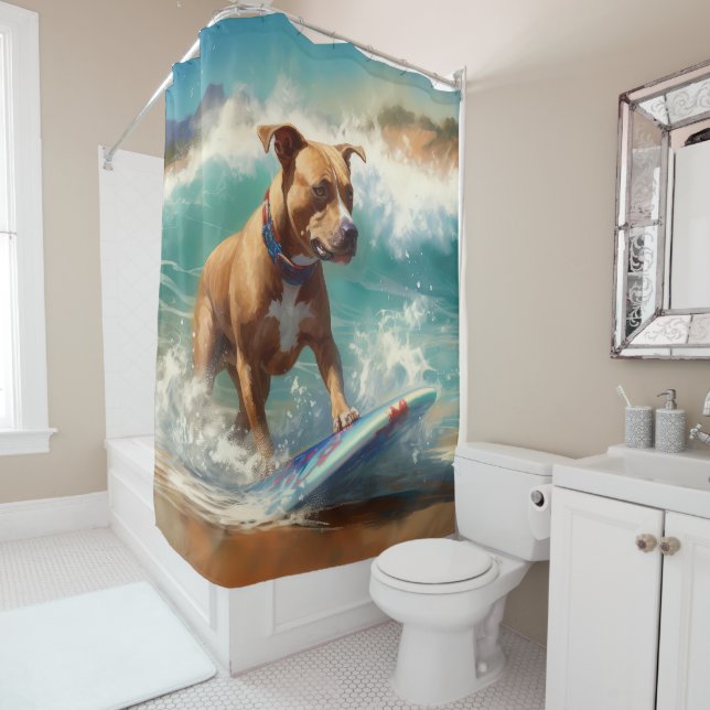 American Staffordshire Beach Surfing Malerei Duschvorhang (Beispiel)