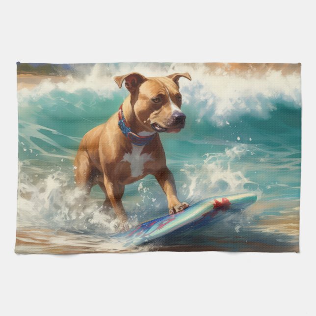 American Staffordshire Beach Surfing Malerei Geschirrtuch (Horizontal)
