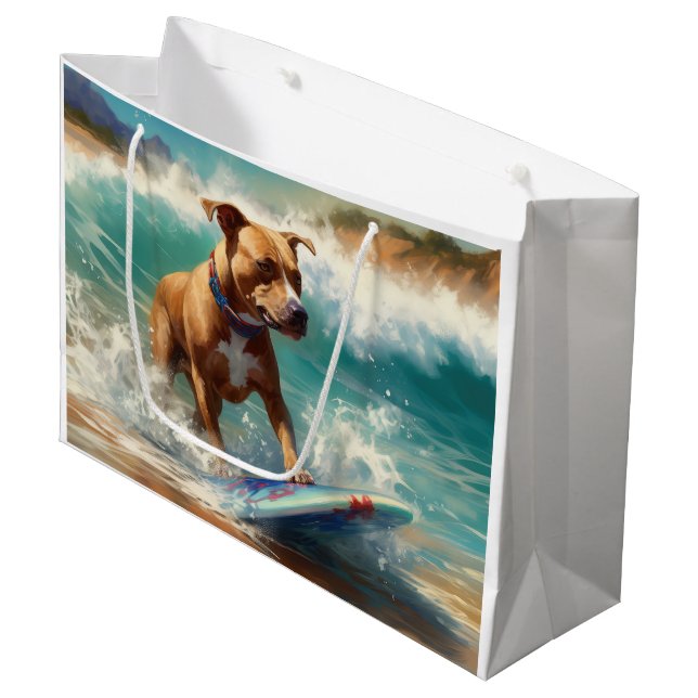 American Staffordshire Beach Surfing Malerei Große Geschenktüte (Vorderseite Schrägansicht)