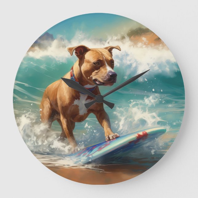 American Staffordshire Beach Surfing Malerei Große Wanduhr (Vorderseite)