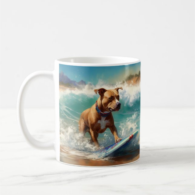 American Staffordshire Beach Surfing Malerei Kaffeetasse (Links)