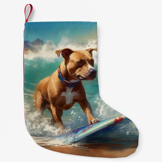 American Staffordshire Beach Surfing Malerei Kleiner Weihnachtsstrumpf (Vorderseite)