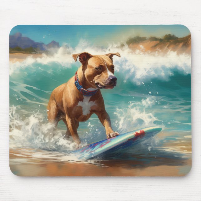 American Staffordshire Beach Surfing Malerei Mousepad (Vorne)