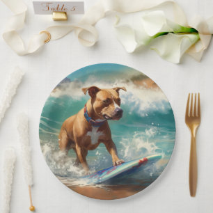American Staffordshire Beach Surfing Malerei Pappteller