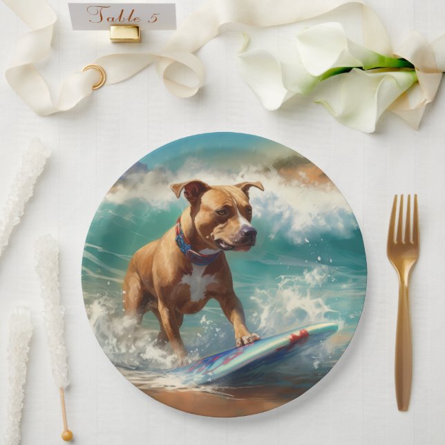 American Staffordshire Beach Surfing Malerei Pappteller (Hochzeit)