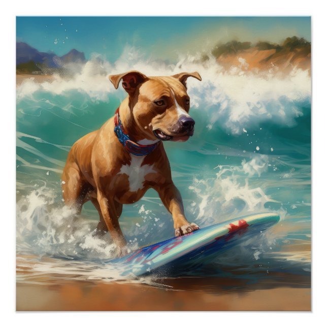 American Staffordshire Beach Surfing Malerei Poster (Vorderseite)
