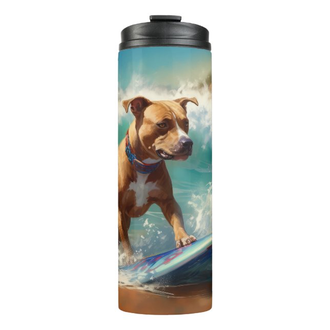 American Staffordshire Beach Surfing Malerei Thermosbecher (Vorderseite)