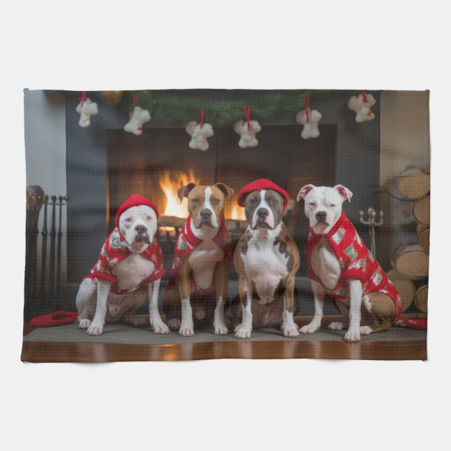 American Staffordshire by Fireplace Christmas Geschirrtuch (Horizontal)