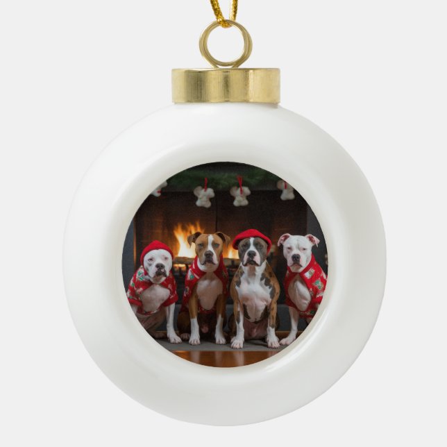 American Staffordshire by Fireplace Christmas Keramik Kugel-Ornament (Vorderseite)