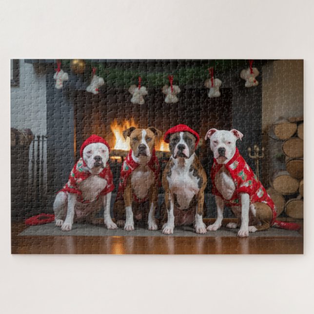American Staffordshire by Fireplace Christmas Puzzle (Horizontal)
