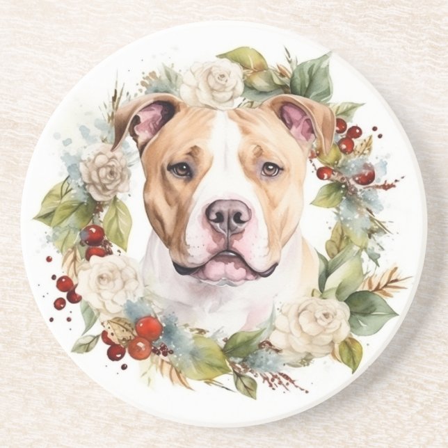 American Staffordshire Christmas Wreath Festive Getränkeuntersetzer (Vorne)