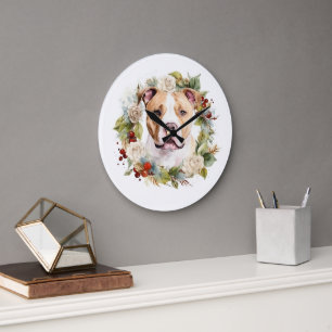 American Staffordshire Christmas Wreath Festive Große Wanduhr