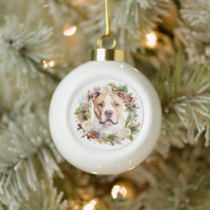 American Staffordshire Christmas Wreath Festive Keramik Kugel-Ornament