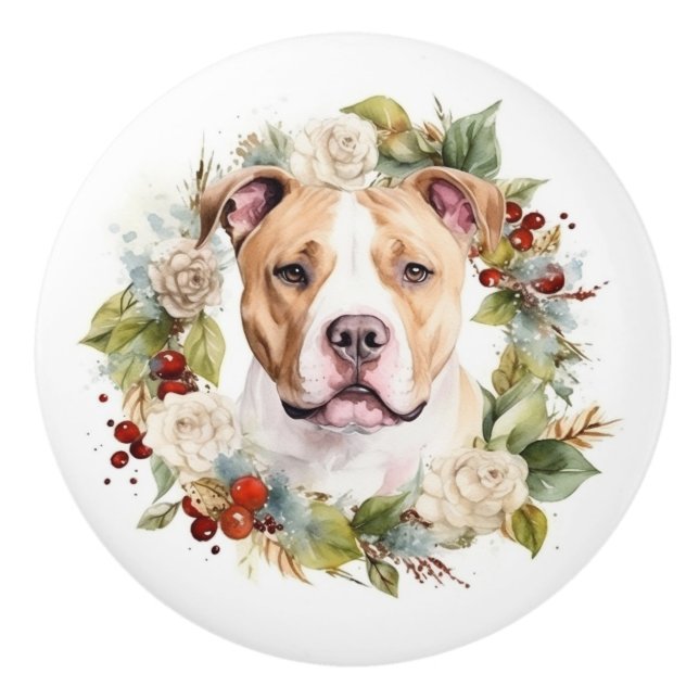 American Staffordshire Christmas Wreath Festive Keramikknauf (Vorderseite)