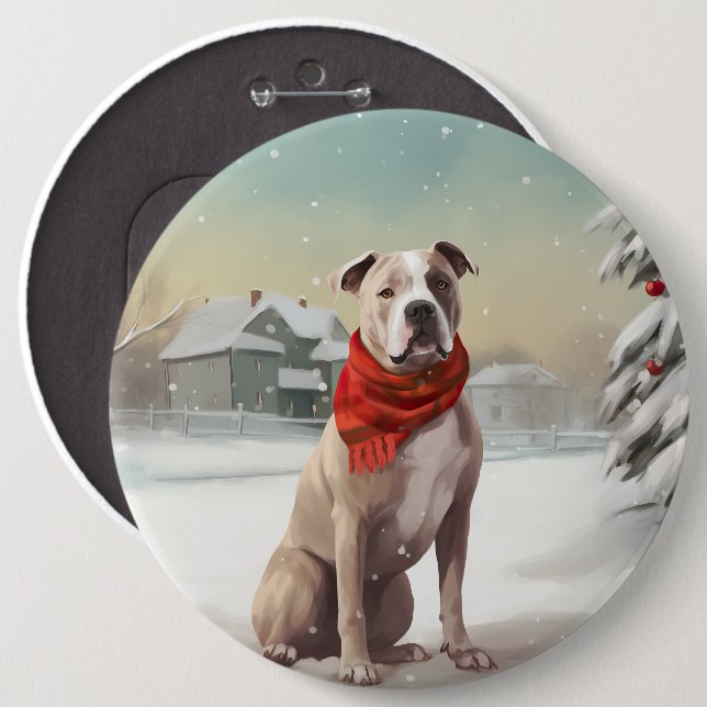 American Staffordshire Dog in Snow Christmas Button (Vorne & Hinten)