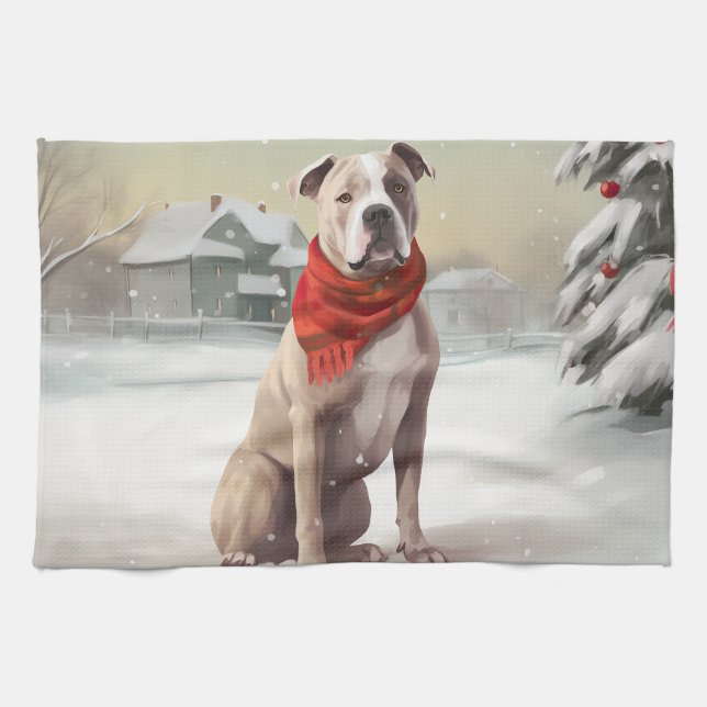 American Staffordshire Dog in Snow Christmas Geschirrtuch (Horizontal)