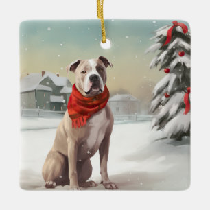 American Staffordshire Dog in Snow Christmas Keramikornament