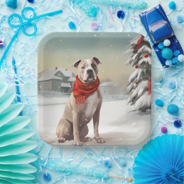 American Staffordshire Dog in Snow Christmas Pappteller (Party)