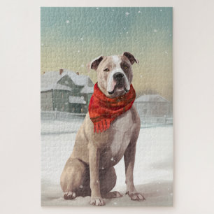 American Staffordshire Dog in Snow Christmas Puzzle