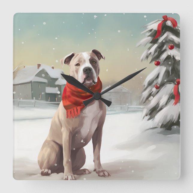 American Staffordshire Dog in Snow Christmas Quadratische Wanduhr (Vorderseite)