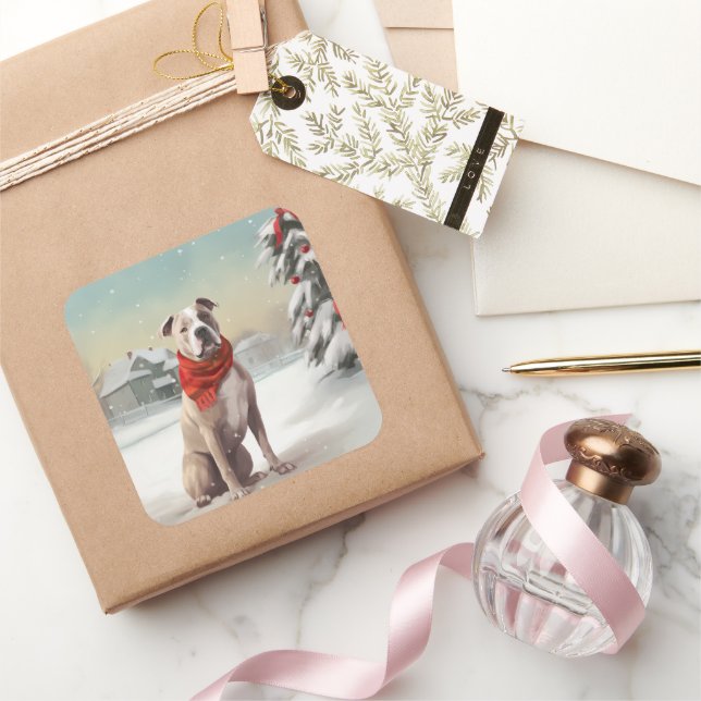 American Staffordshire Dog in Snow Christmas Quadratischer Aufkleber (Schenken)