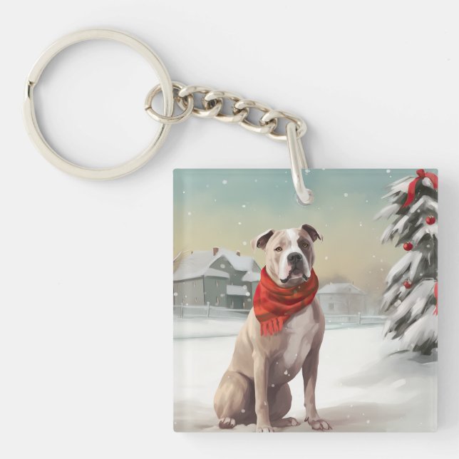American Staffordshire Dog in Snow Christmas Schlüsselanhänger (Vorderseite)